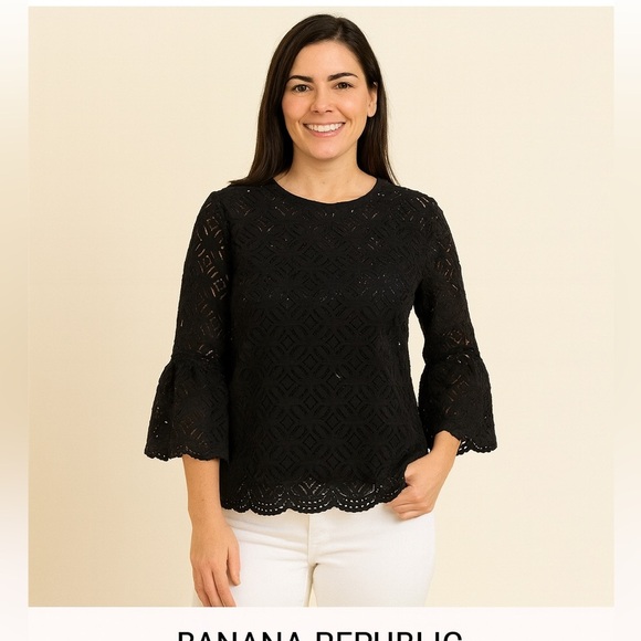 🖤 H&M Black Lace Eyelet Blouse Bell Sleeve Chic Elegant Top - Picture 1 of 7